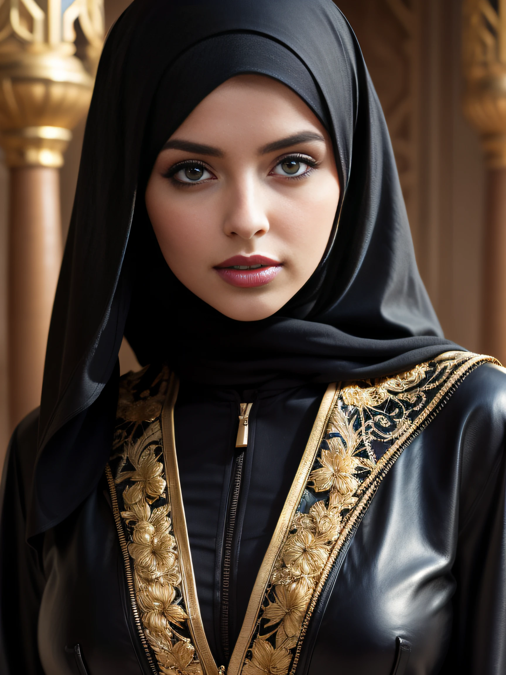 A woman in a black and gold outfit posing for a picture - SeaArt AI