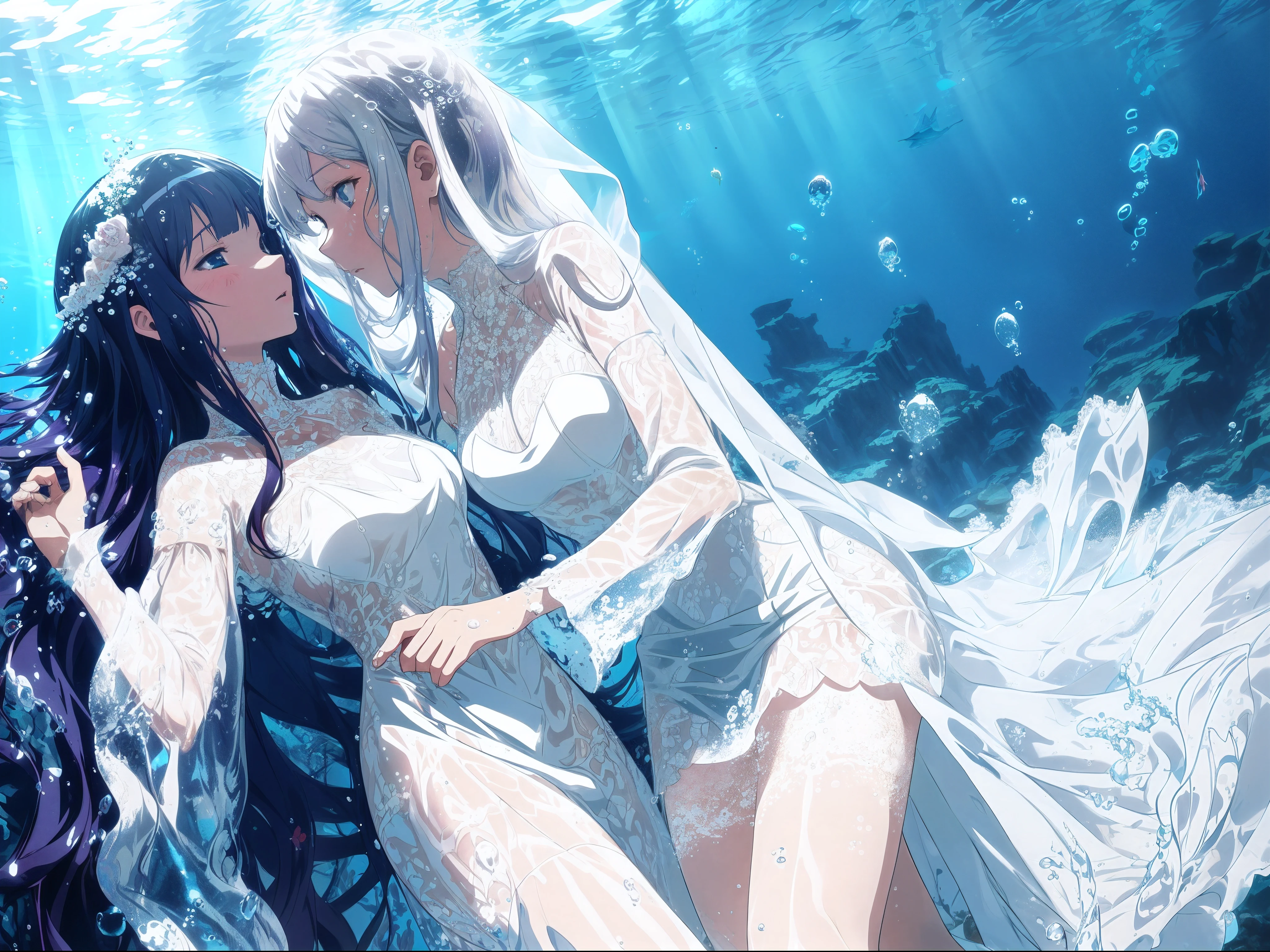 Novias anime con vestidos de novia están paradas bajo el agua - SeaArt AI