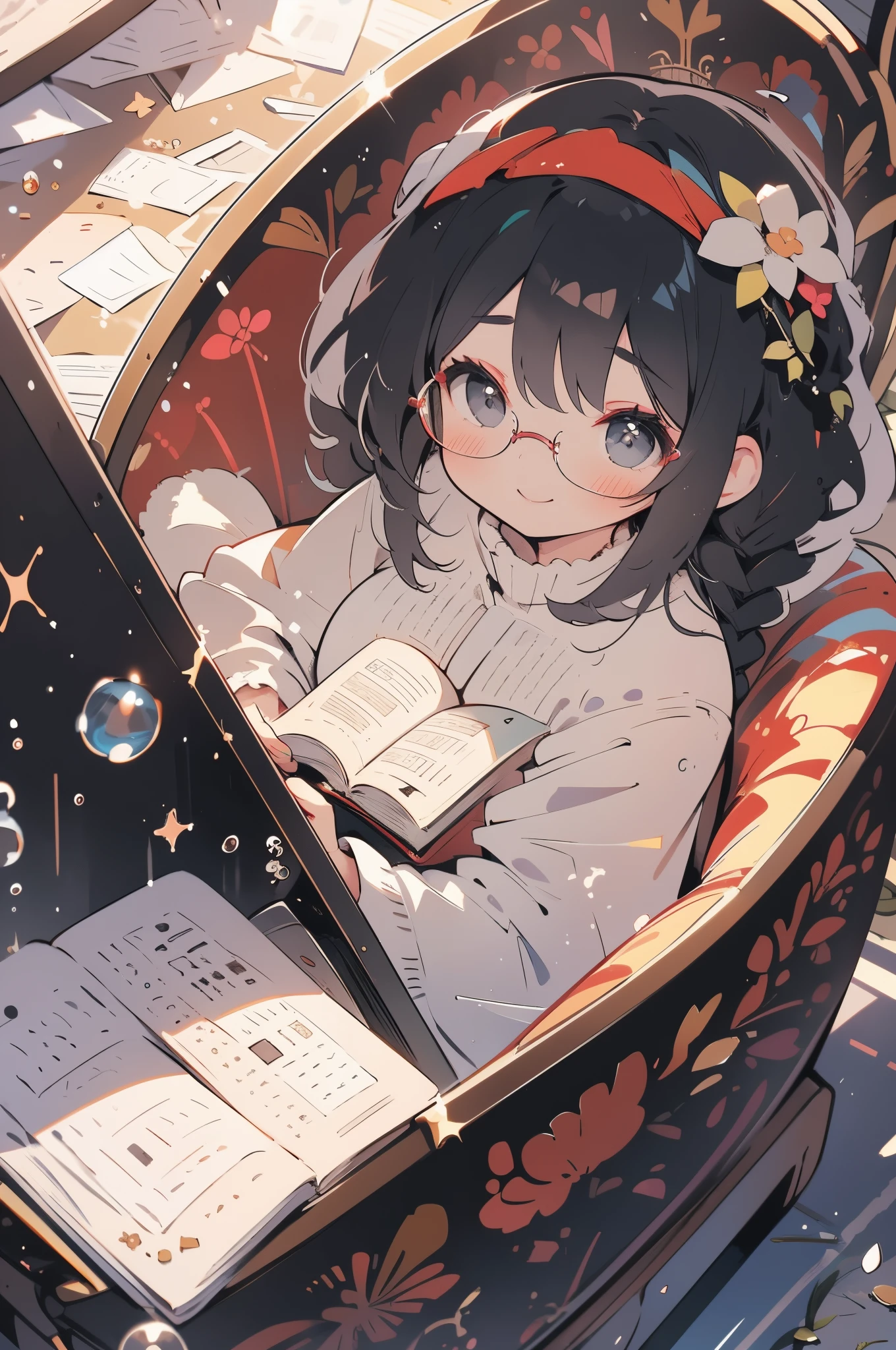 Angle seen from above,Under a clear sky、Smiling girl with her head bowed and reading a book quietly,Spread out a thick book,Look down,Black eyes,Delicate Makeup,.Large round glasses,Braid style,Sitting in a chair,