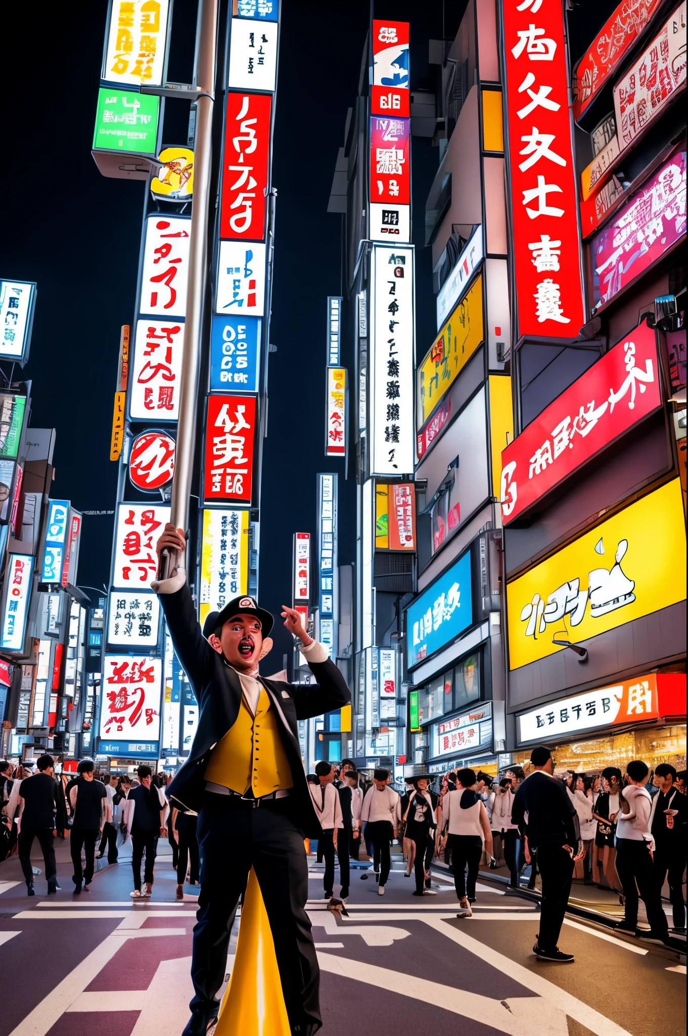 映画「東京ドリフト」風の夜景, ヒキガエルと, スーパーマリオブラザーズのアニメキャラクター, 東京のナイトライフの真ん中でベストだけを着てポールダンスをしている