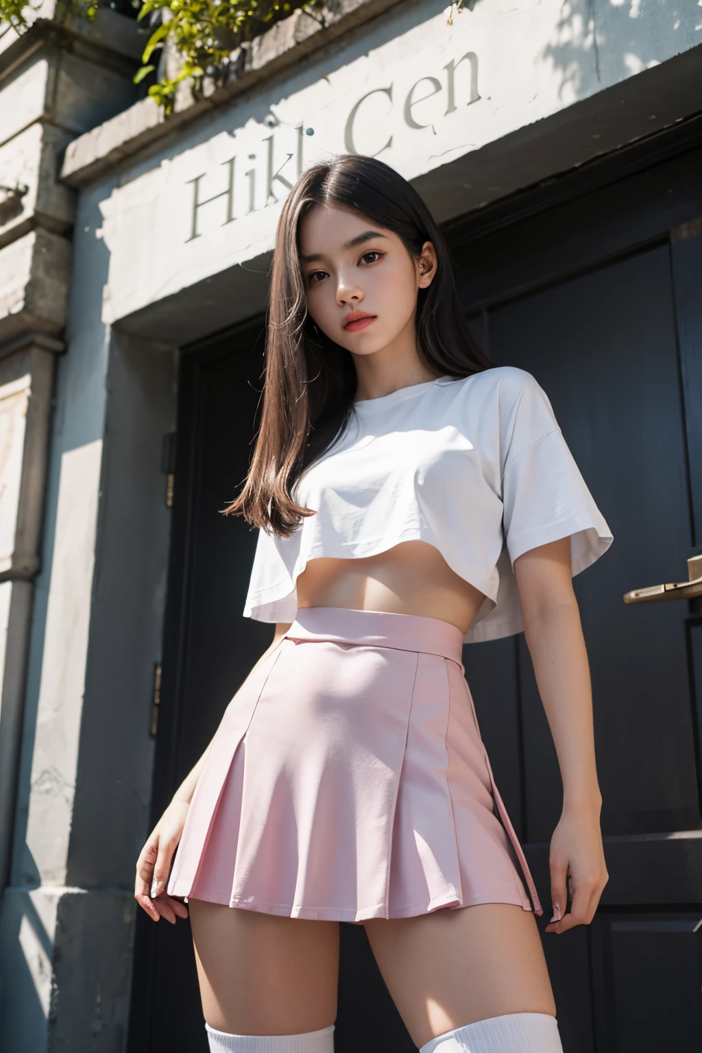 A woman in a pink skirt and white shirt posing for a photo - SeaArt AI