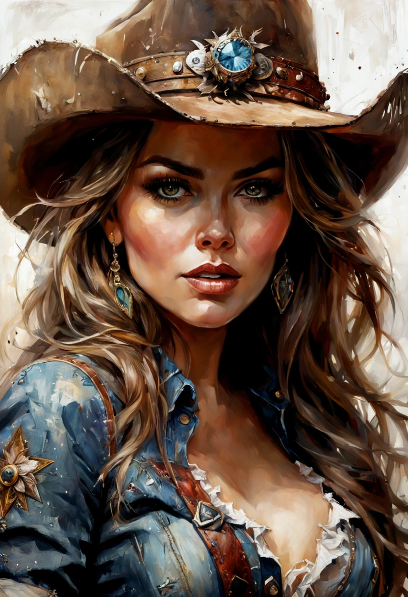 Cowgirl Sofia Vergara, Beautiful Eyes, Epic, Fantasy, Intricate Details, Hyper Detailed, Jean Baptiste Monge, Carne Griffiths, Michael Garmash, Seb McKinnon, Masterpiece