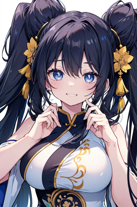 (8K、Top image quality、top-quality、​masterpiece)、1 girl in、Black hair twintails、light blue  eyes、laugh、Grinning、Moderately breast...