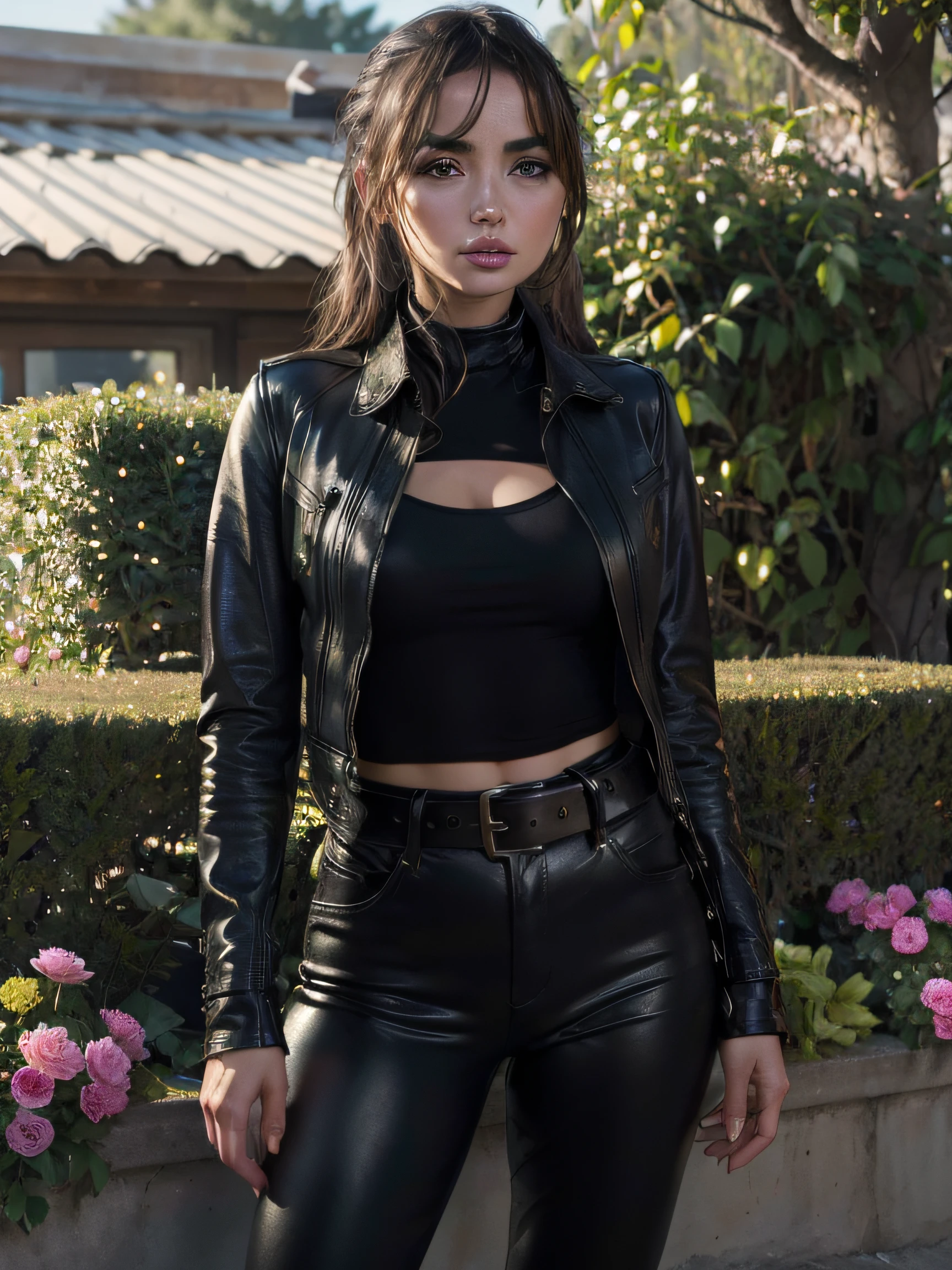 Ana de Armas, (best quality,highres,realistic:1.37),portrait,beautiful detailed eyes,beautiful detailed lips,longeyelashes,fashionable,top,garden,bright sunlight,colorful flowers,soft and warm lighting,harmonic color palette. black leather jacket, leather boots, more than one belt, torn jeans, beautiful, detailed face, detailed, highres, realistic, photorealistic, full body, head to toe, legs, matte skin, pores,
