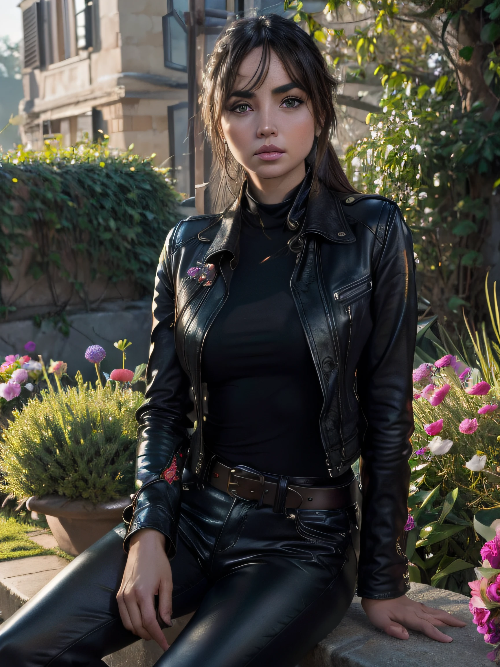 Ana de Armas, (best quality,highres,realistic:1.37),portrait,beautiful detailed eyes,beautiful detailed lips,longeyelashes,fashionable,top,garden,bright sunlight,colorful flowers,soft and warm lighting,harmonic color palette. black leather jacket, leather boots, more than one belt, torn jeans, beautiful, detailed face, detailed, highres, realistic, photorealistic, full body, head to toe, legs, matte skin, pores,