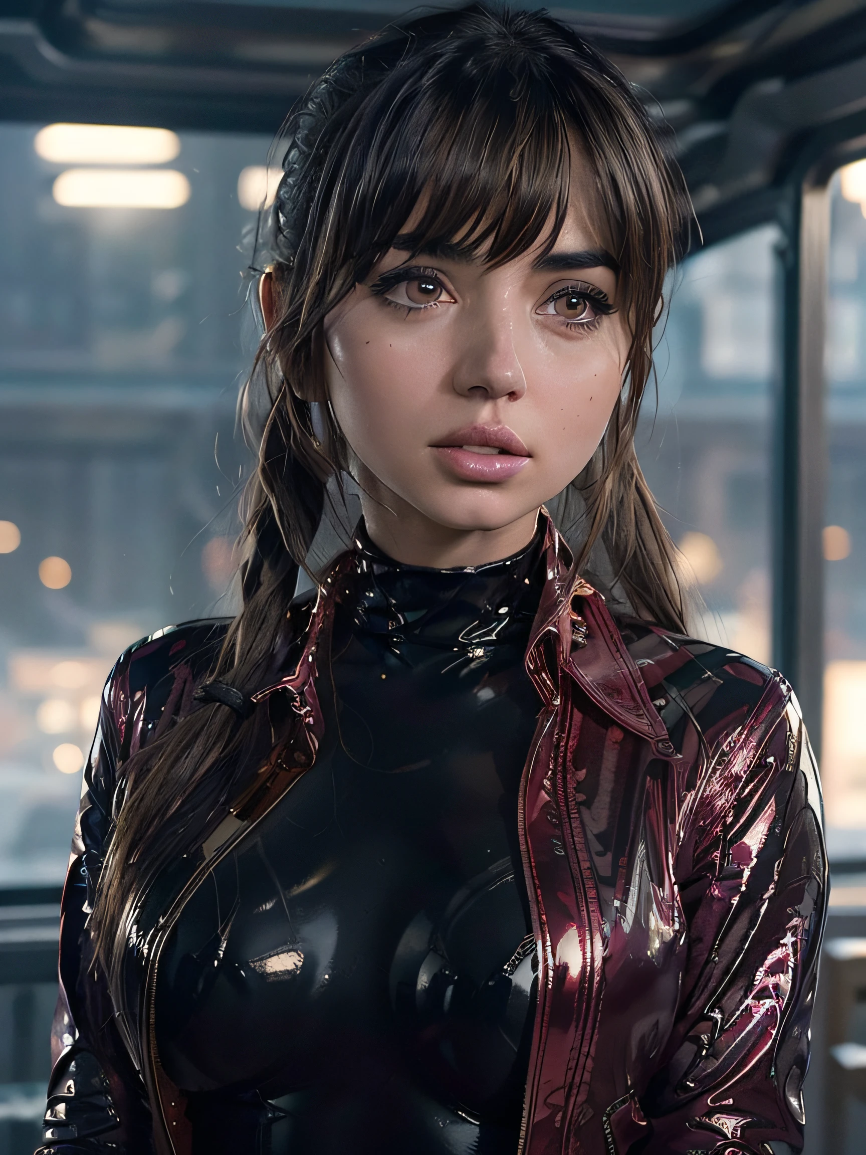 Ana de Armas, (RAW photo, best quality, masterpiece:1.2), (realistic, photo-realistic:1.4),(masterpiece:1.4),(best quality:1.4),1girl, solo, :d, headphones, arms up, bangs, blush, pink shiny bodysuit, breasts, bunny pose, clothes writing, covered navel, cowboy shot, cropped jacket, gloves, outdoor,morning,hair intakes, headphones, impossible bodysuit, impossible clothes, jacket, large breasts, latex, latex bodysuit, long hair, long sleeves, looking at viewer, large breasts, open mouth, pink bodysuit, pink eyes, red eyes, red jacket, shiny clothes, shrug \(clothing\), sidelocks, skin tight, smile, thigh gap, thighs, twintails, very long hair, white gloves, white hair,alice \(nikke\),(shiny skin),realistic, beatutiful hands:1.3, leaning towards the camera, dark industrial desert background, bokeh, realistic photo:1.2, photorealistic render:1.2, photorelistic:1.2, sfw:1.2