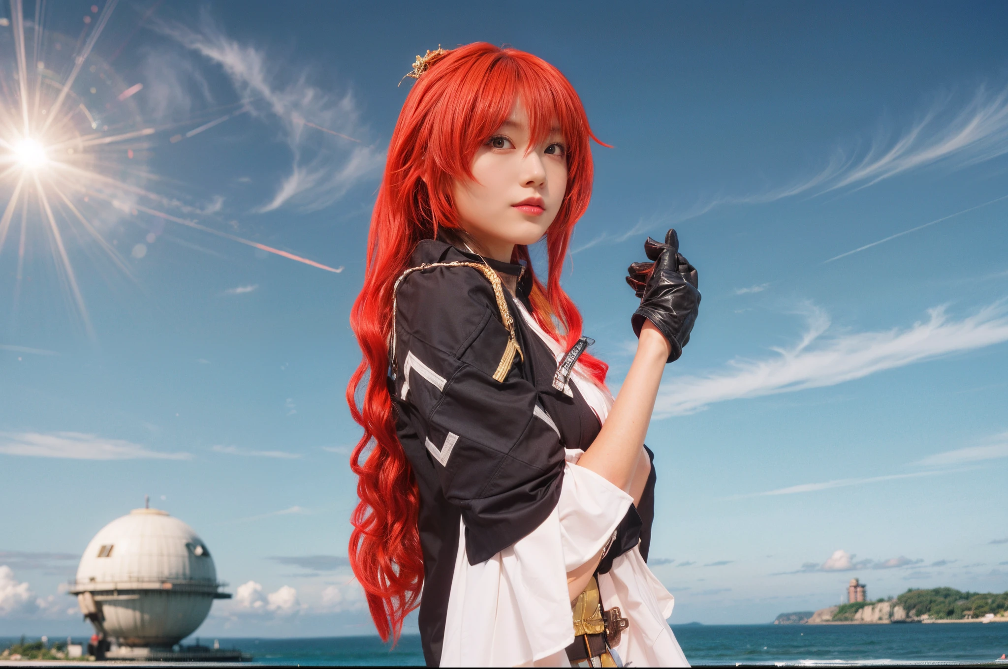 Arafed woman with red hair and gloves holding a gun SeaArt AI