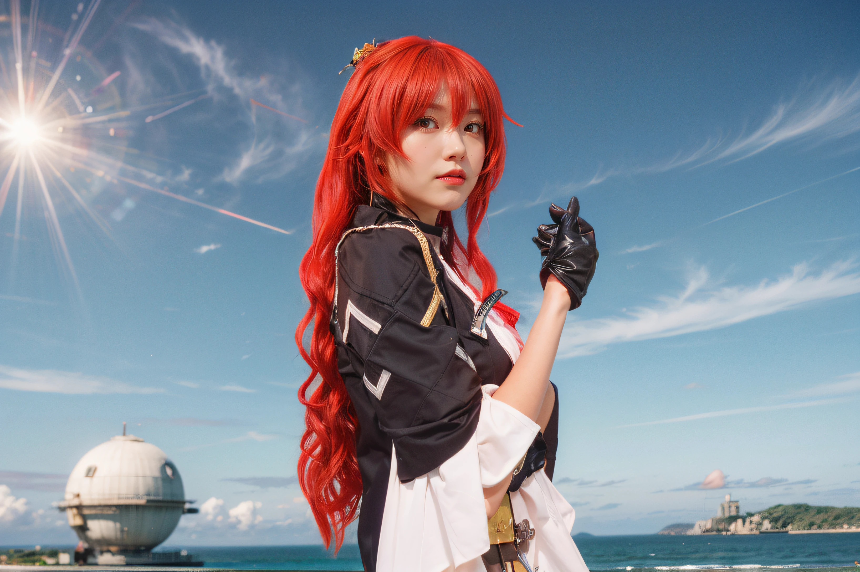 Anime - style woman with red hair and black gloves posing in front of a  large telescope - SeaArt AI