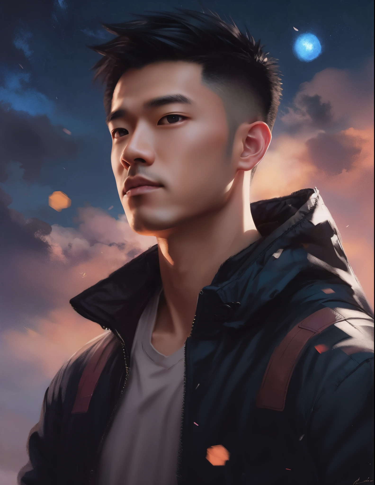 a man with a jacket and a shirt on looking at the sky, ross tran style, ross tran 8 k, in the style of ross tran, rossdraws portrait, ross tran!!!, inspired by Yanjun Cheng, inspired by Ross Tran, ross tran and bayard wu, artwork in the style of guweiz, rossdraws 1. 0, rossdraws digital painting ultra realistic cloth black, ultra realistic 8k quality