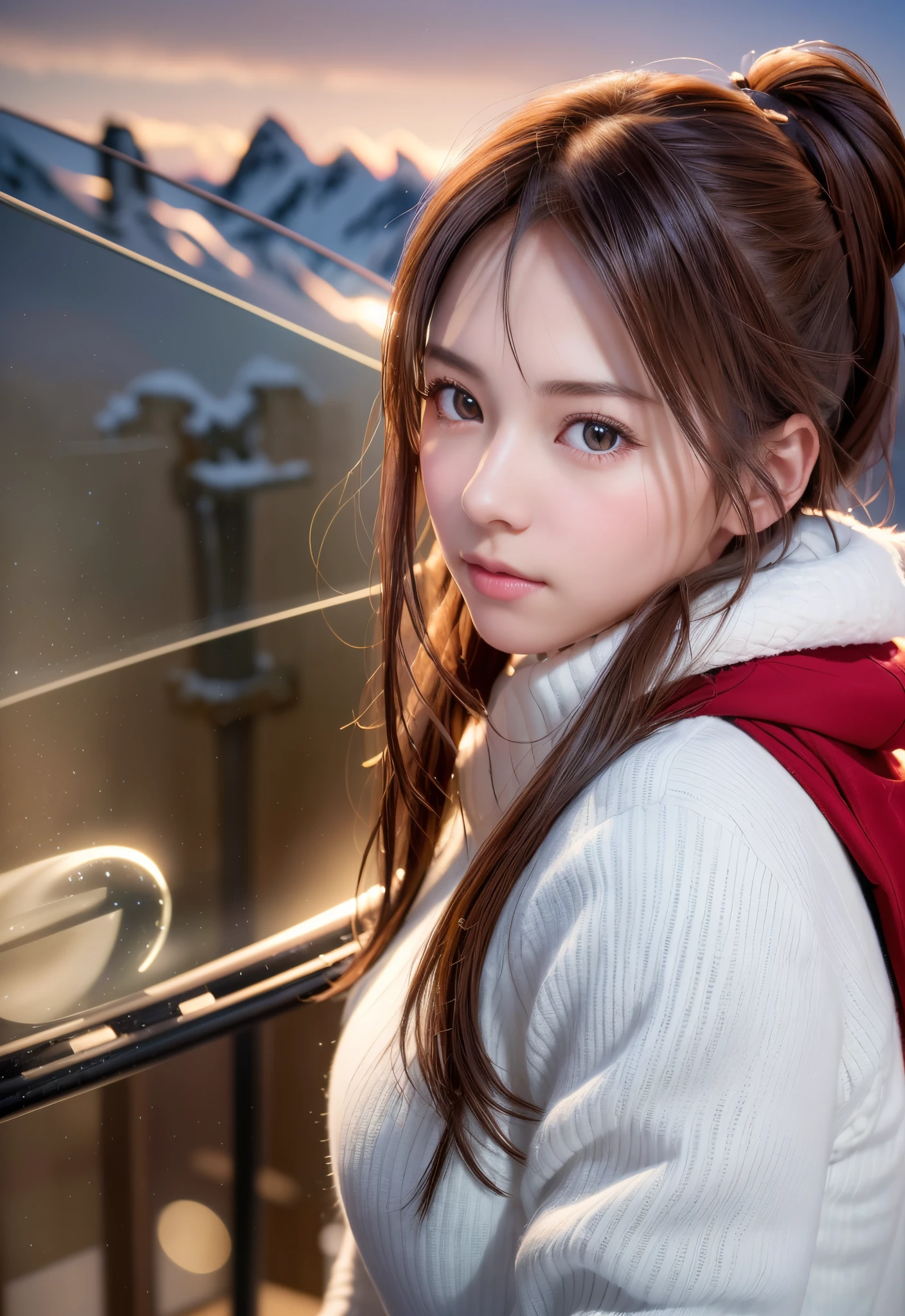 8K, of the highest quality, masutepiece:1.2), (Realistic, Photorealsitic:1.37), of the highest quality, masutepiece, Beautiful young woman, Pensive expression,、A charming、and an inviting look, skiing、snowboarder、Ski Wear, Hair tied back, Cinematic background, Light skin tone、Ski Resort Background