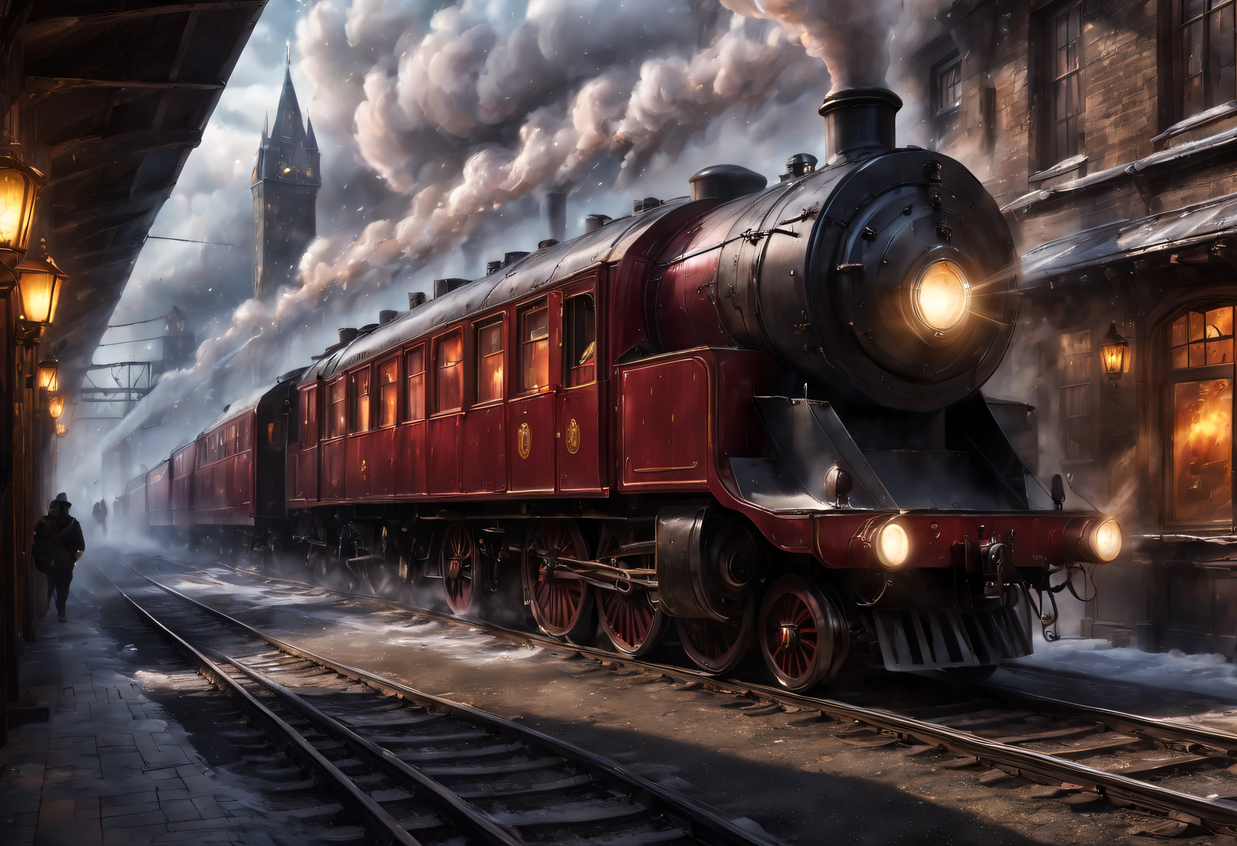 ultra-realistic realism, romanticism lain, Sci-fiism，mistic，thriller，ray traycing, Atmospheric perspective, in a panoramic view, wide angles, Sony FE masterpiece,, high detal, high high quality, Award-Awarded, Best quality, A high resolution, 8K
（Hogwarts Express），It consists of a group of scarlet steam locomotives，Each carriage is made of dark oak，Carved windows，Brass door catch，（There are gilded letters on the roof.，Spell out &quot;Hogwarts Express&quot;），The carriages are connected by iron corridors，The corridor is covered with the brightest red carpet，Steam locomotive smoke fills the cold morning，It gives a hazy and mysterious feeling， when the train pulls into the station，Its whistle can cheer people up，The train has also been described as having a soul of its own，It wakes up sleeping passengers at specific times，Lead them to their destiny，inspired by the movie《Harry potter》，
Background with：A mysterious and dangerous magical world covered in ice and snow