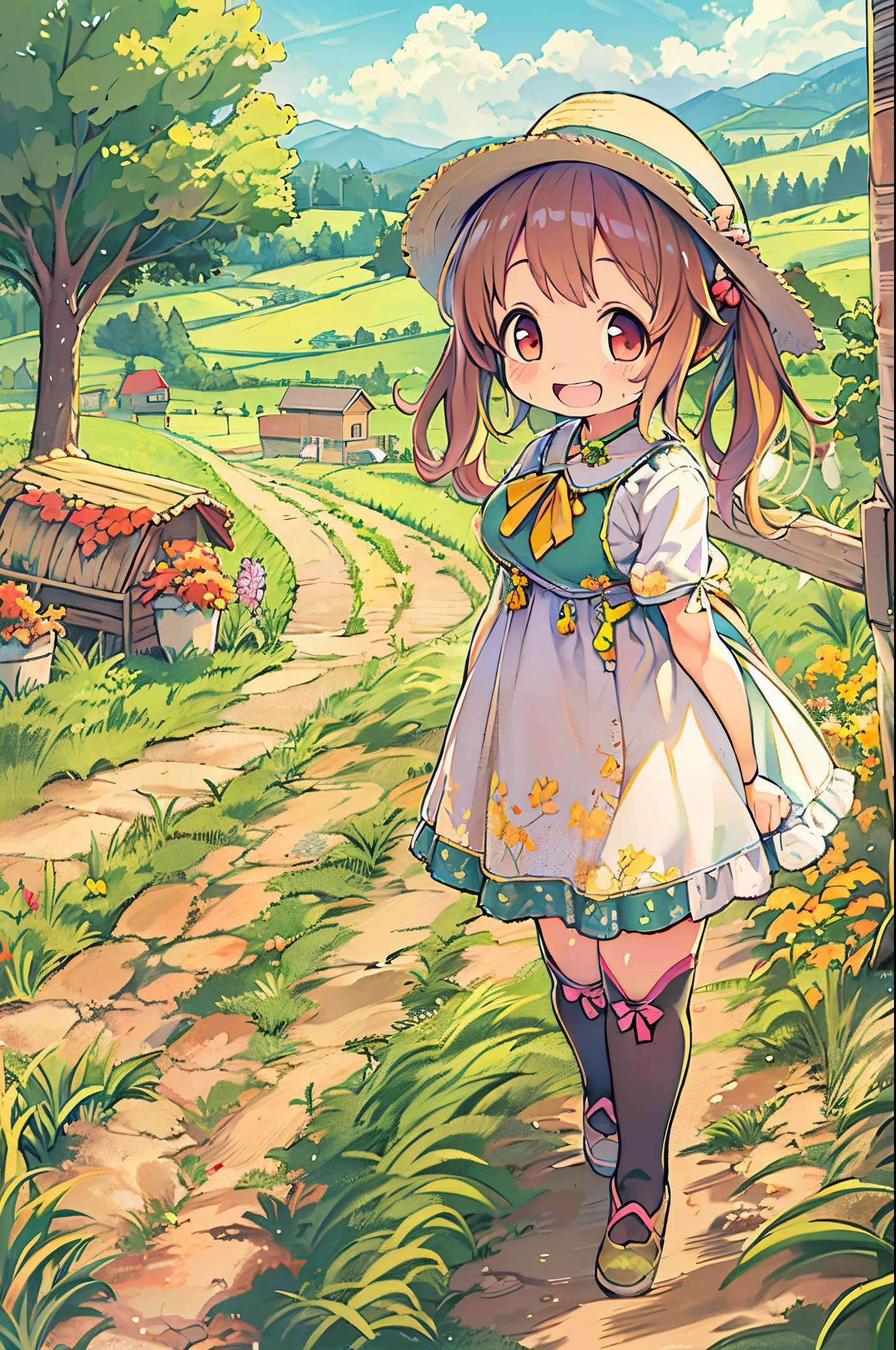 Anime girl in a hat walking down a path in a field - SeaArt AI