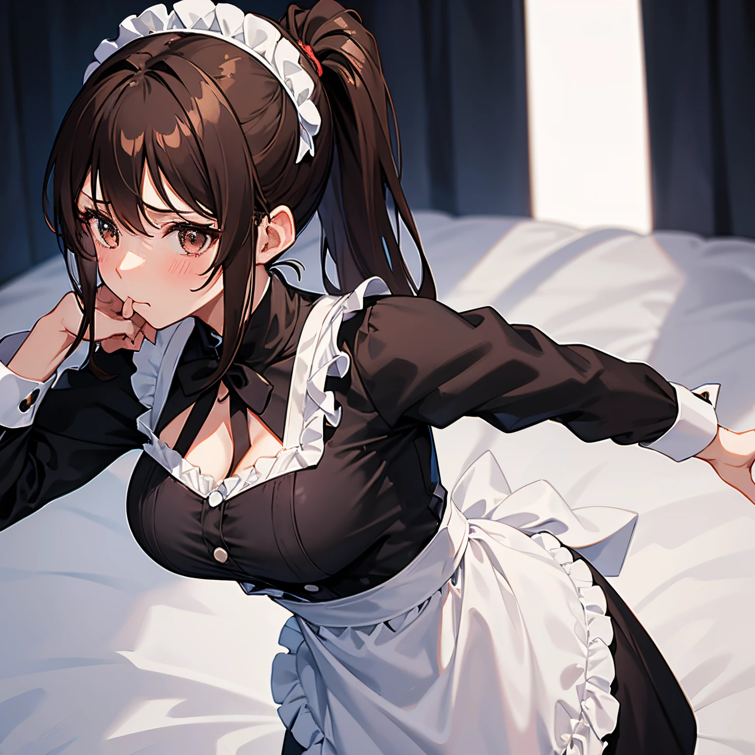 Anime character in maid outfit laying on bed with white sheets - SeaArt AI