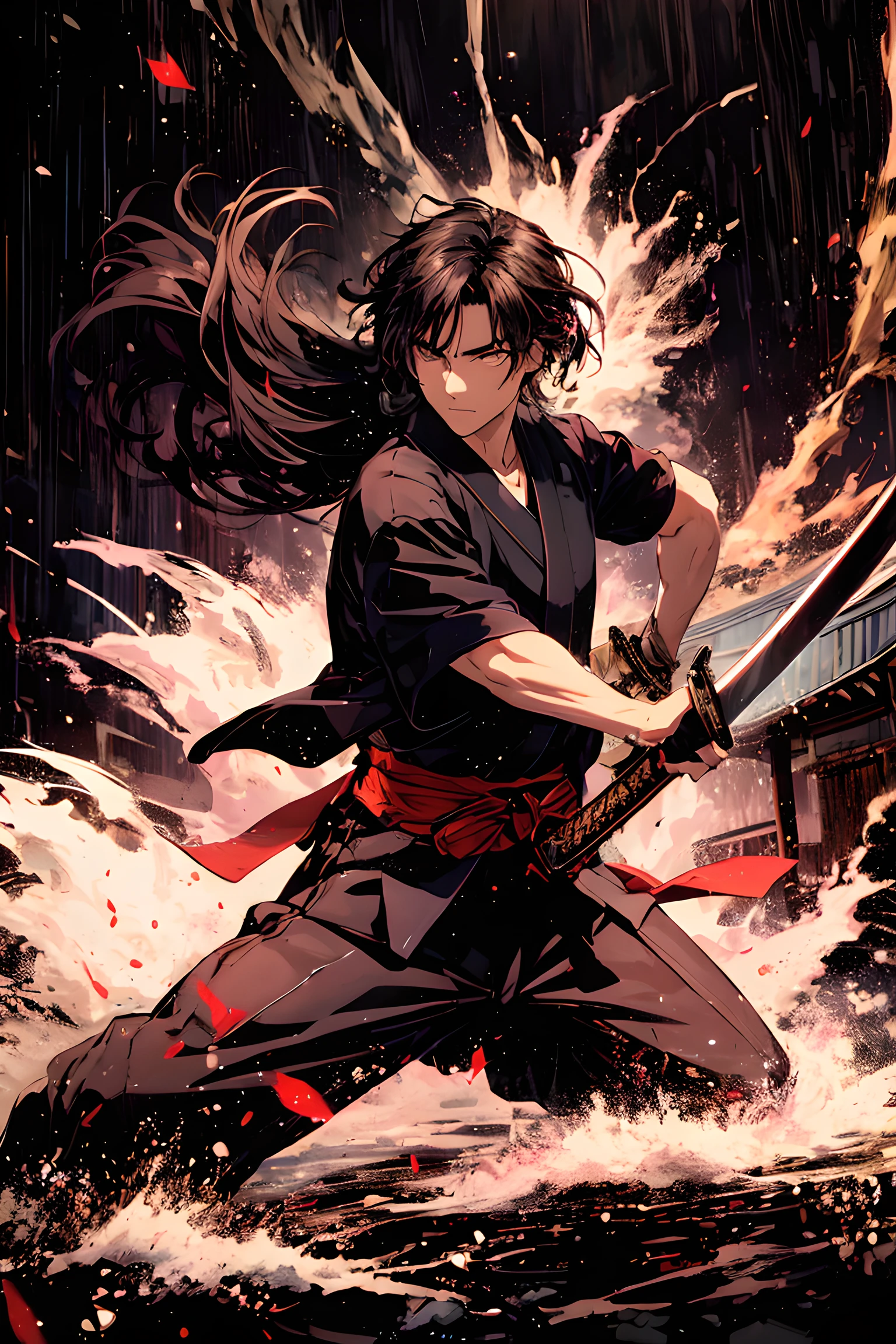 Mufune Toshiro, Toshiro Mifune, samurais japoneses, 55 anos, tronco, Dinâmico, postura de luta, segurando a espada katana, Campo de grama, chuva, têmpora, Japanese têmpora, trovão, nuvem negra, tema preto, fundo de tema escuro, 
QUEBRAR,
Close do rosto, cena de luta, olhando o espectador, (Cena de duelo:1.5), (segurando uma espada:1.5), (tentando manter o ritmo:1.5), (Pouco antes de ser atacado:1.5), Dinâmico angle, cena do filme, 
QUEBRAR,
vestindo uma roupa preta japonesa, DOGI preto, hakama preto, roupas detalhadas,