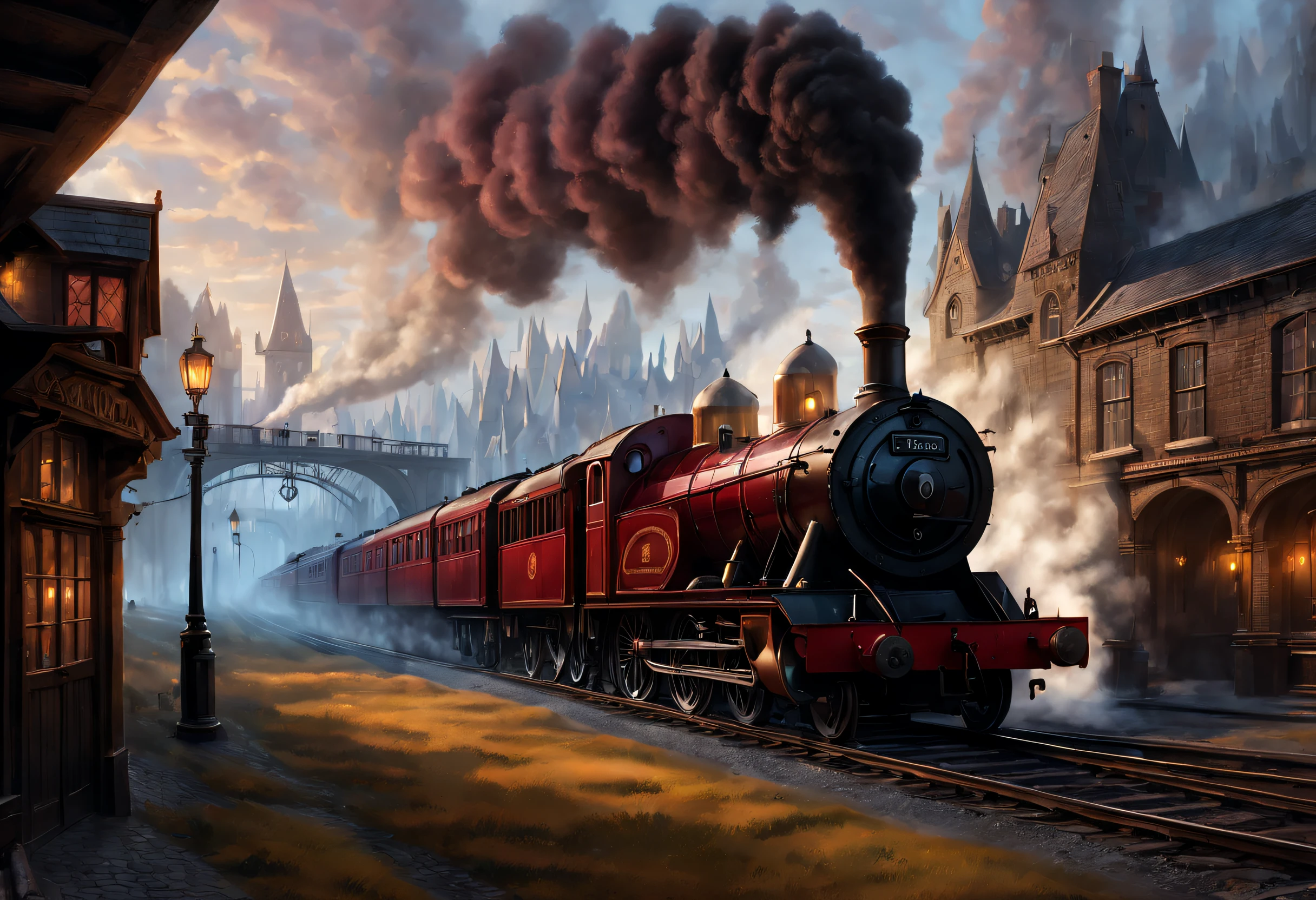 ultra-realistic realism, romanticism lain, scientism，mistic，Thriller，Ray traching, atmosphric perspective, in a panoramic view, wide angles, Sony FE masterpiece,, high detal, high high quality, Award-Awarded, Best quality at best, A high resolution, 8K
（Hogwarts Express），It consists of a group of scarlet steam locomotives，Each carriage is made of dark oak，Carved windows，Brass door catch，（There are gilded words on the roof.，spell out &cite;Hogwarts Express&cite;），There is an iron corridor connecting the carriages.，The corridor is covered with the brightest red carpet，Steam locomotive smoke fills the cold morning，It gives a hazy feeling、mystical feeling， when the train comes into the station，Its whistle can cheer people up，Wheels with sparks，Inspired by the movie《Harry Potter》，
Background with：A mysterious and dangerous platform covered in ice leads to Hogwarts School of Witchcraft and Wizardry.