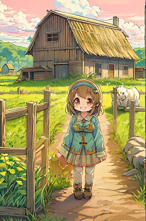 huge-breasted、kawaii、8 years old girl、a big smile on my face,Chibi, beautiful anime scene, country scenery, Background of the fi...
