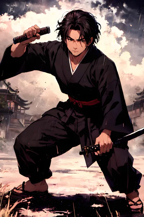 Mufune Toshiro, Toshiro Mifune, Japanese samurai, 55yo, upper body, dynamic, fighting stance, holding katana sword, grass field,...