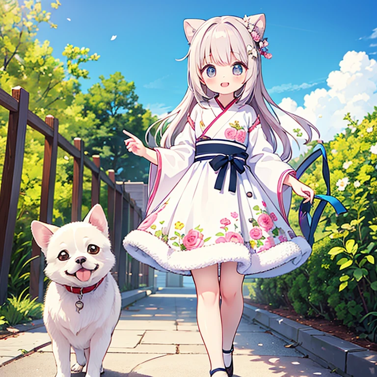 obra de arte , melhor qualidade，papel de parede 8k CG, hiper qualidade, o melhor ，1 garota,Sozinho，sorriso，Seus dois coques estão representados no centro da imagem。Esta ilustração japonesa Moe de alta qualidade，um blush rosa claro e pálido，Uma fofa está passeando com seu cachorro Chihuahua branco em um parque onde o céu azul é lindo e muitas flores estão desabrochando. Ela está usando um vestido com estampa floral. O Chihuahua tem uma pelagem branca muito bonita e olhos grandes e redondos adoráveis. no estilo anime japonês