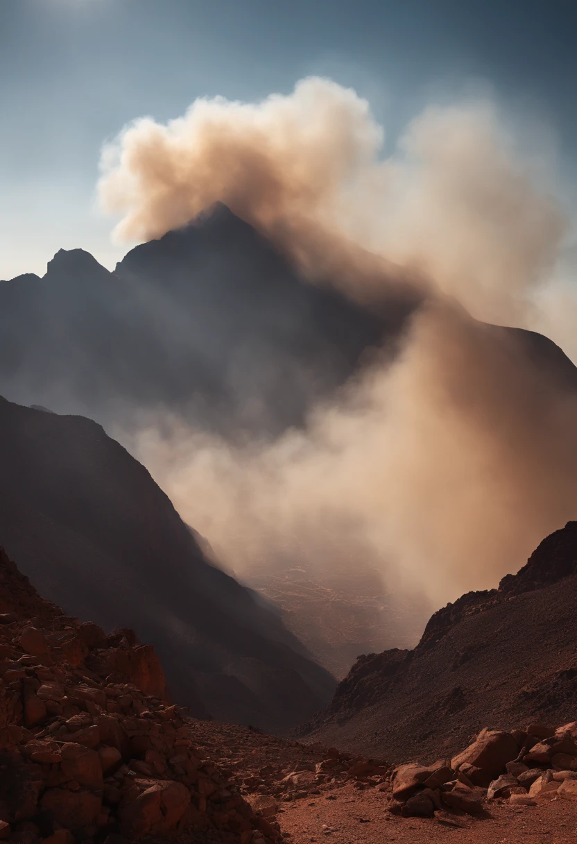 Smoke billows from a mountain in the distance as a person walks on a ...