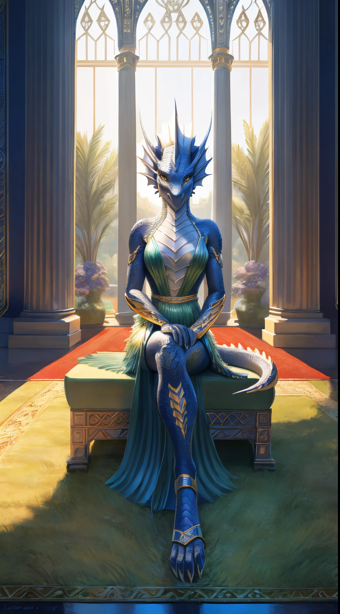 Female dragon，Robot dragon，Silver Dragon，wearing a grass skirt，sandals，Feet are claws，palaces，Exquisite golden eyes，head fins，on a gorgeous carpet，sitting beside the window，Lifelike scales，detail ratio，Slim，The scales do have texture，realistically，tmasterpiece，8K，ultra HD wallpaper