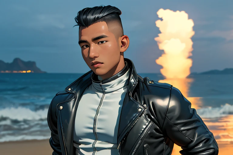 syahnk,front view ,1man,22 y.o very huge muscular man wearing white shirt in fit leather jacket,( visible huge pecs and bulging muscular arm in tight jacket,tight leather jacket,detailed jacket,handsome,masculine,military hair,high fade hair,whole body shot,high detailed skin:1.4), full body, coastline, overcast weather, wind, waves,motorbike,8k uhd, dslr, soft lighting, high quality, film grain, Fujifilm XT3 masterpiece, best quality, highres, realistic,DSLR ,