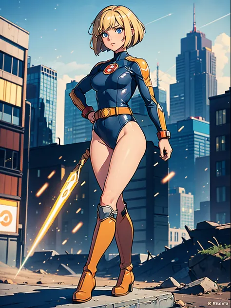 masterpiece, best quality, 1girl, superhero, leotard, bare legs, knee boots, matching boots, heroic, city backdrop, standing, bo...