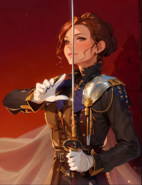 ((One french women around 40 years old, with brown curly hair tied up in a bun)), dressed in a fantasy swordsman dress, happy,we...
