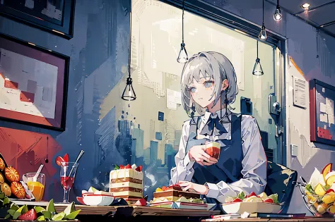 (masterpiece, top quality, best quality,official art, beautiful and aesthetic:1.2),(1girl:1.3), long gray hair, eating a lots of...