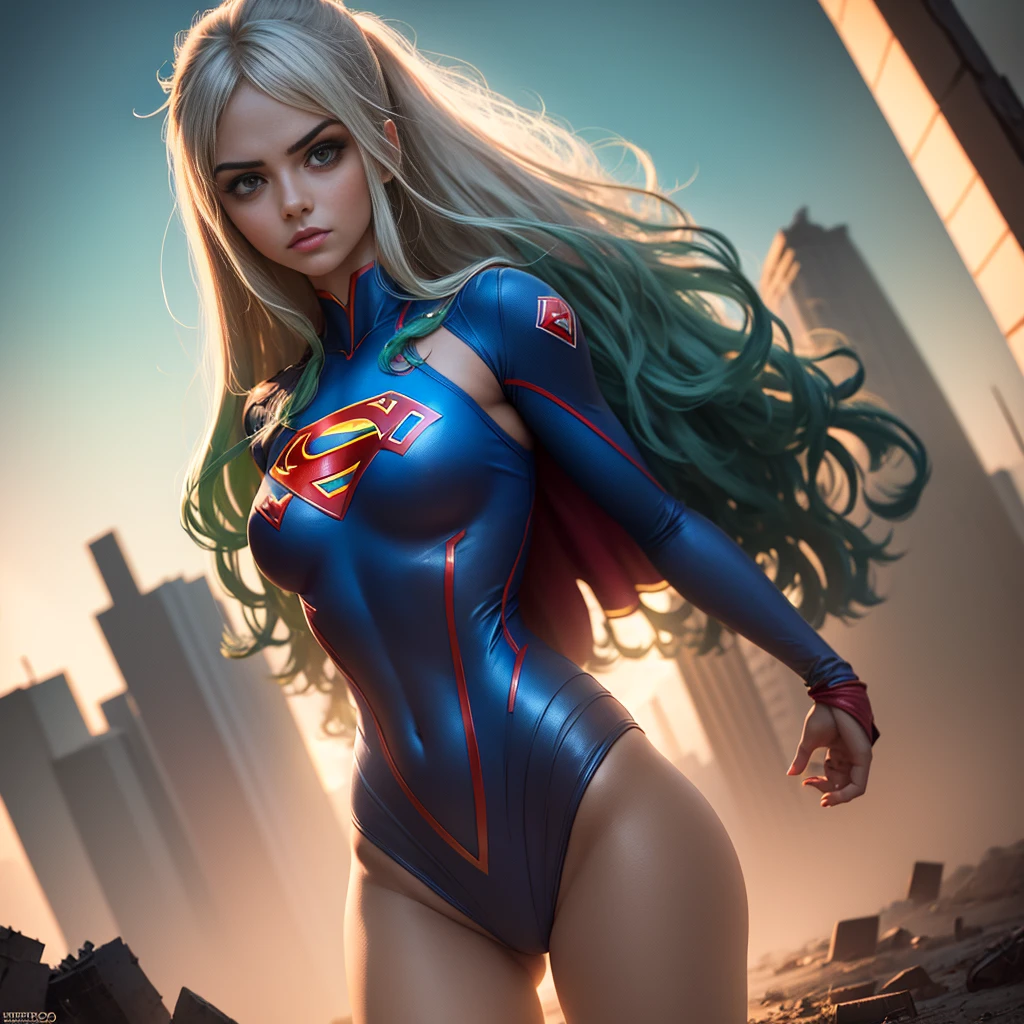 superchica, 1 chica, Muy detallado, cara detallada, (chica demonio) Proporciones corporales perfectas y simétricas., 4k, imagen ultra realista, traje de baño azul, capa roja, S de superman, super sexy, con un cuerpo simétrico y perfecto, tetas grandes, con escote, Cabello largo y blanco con puntas de color verde claro., escena cinematográfica, Gran iluminación, Foto real, foto del dia,  Ciudad destrozada, Pose heroica