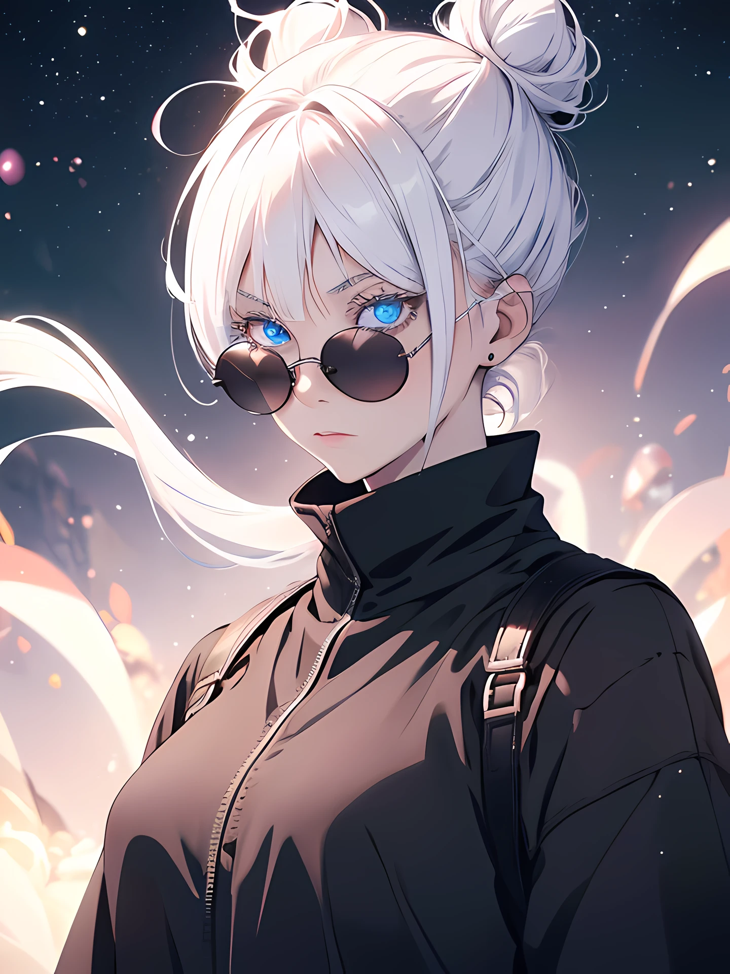 Woman, age 18, white hiar, hair bun, wears round sunglasess, white eyebrows, white eyelash, white eyelashes, albino, detailed eyes, glowing eyes, galaxy eyes, wearing black shirt, high quality, 4k resolution, anime