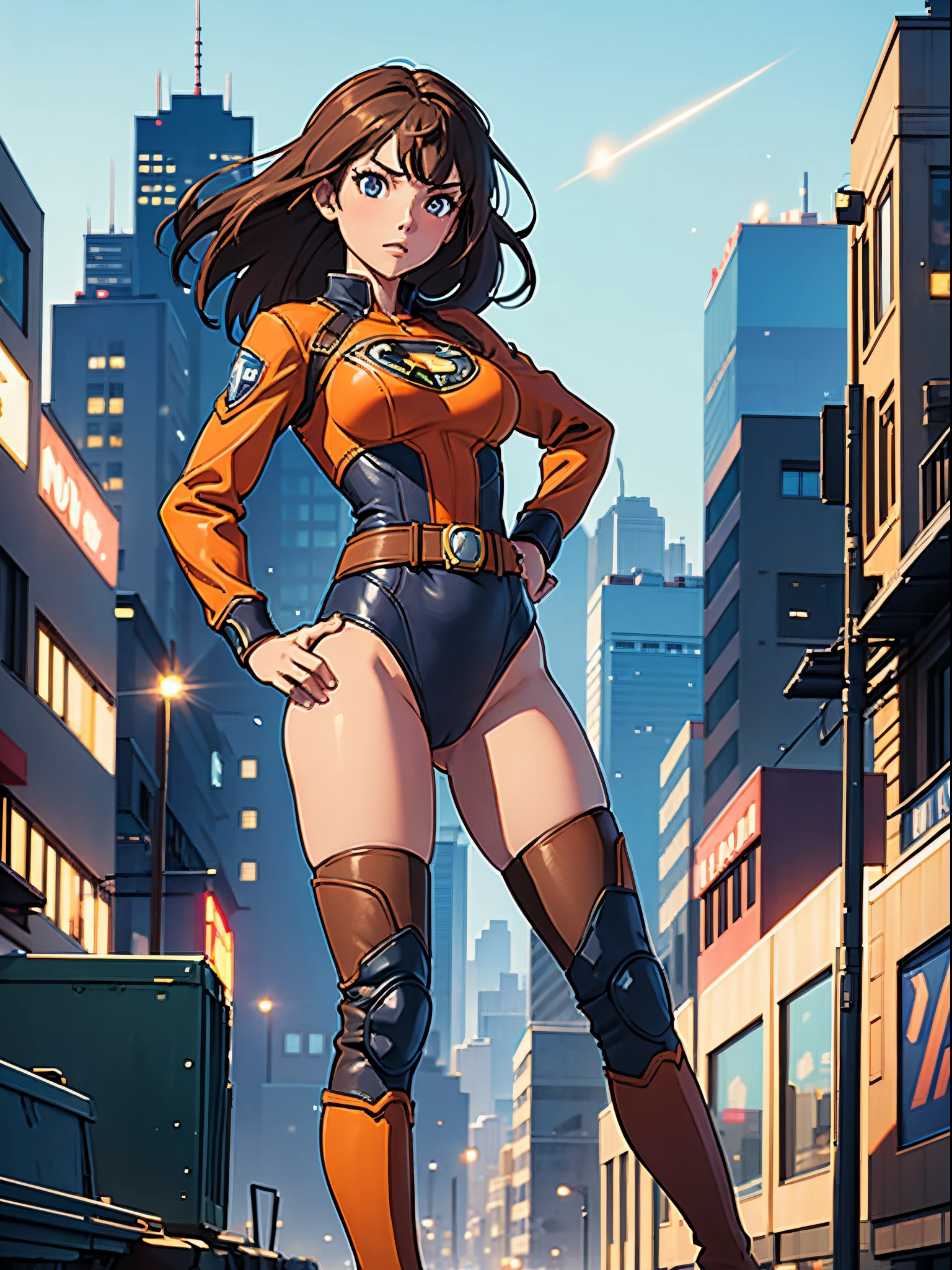 masterpiece, best quality, 1girl, superhero, leotard, bare legs, knee boots, matching boots, heroic, city backdrop, standing, body infused with energy, light particles, solo, single, cowboy shot, perfect anatomy, hand on hip, brown hair, beautiful detailed eyes, belt