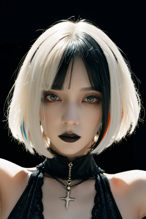 1girl,only, Upper part of the body,looking at the viewer, White background, Bob cut, short hair, multicolored hair, make-up , parted lips, BLACK LIPS, eyeliner, Gothic, goth girl