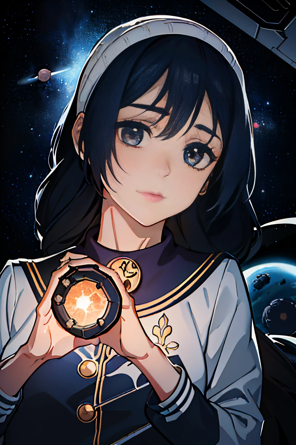 best quality, (masterpiece), Ultra-detailed, (novel illustration:1.2), (korean webtoon style:1.2), (bold line), (highres:1.2), dramatic light, 1girl, observatory, looking at space through long Telescope, space, planets, falling stars, light lines among planets, looking above, beutiful face, cogwheels