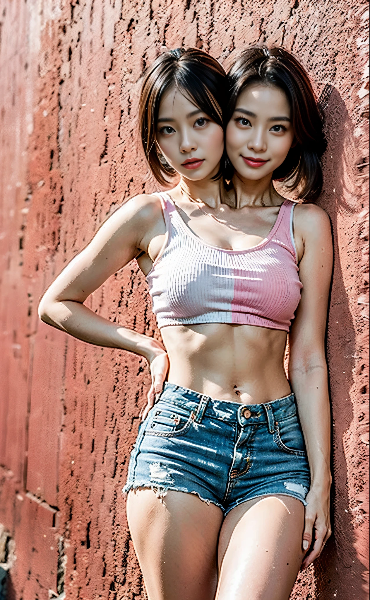 best resolution, 2 heads, woman with 2 heads, korean, brow hair, different expressions,differentfaces, different hairstyles, hand on hip, blue eye contacts, white and red bkino, black and blue shorts, pink wall background