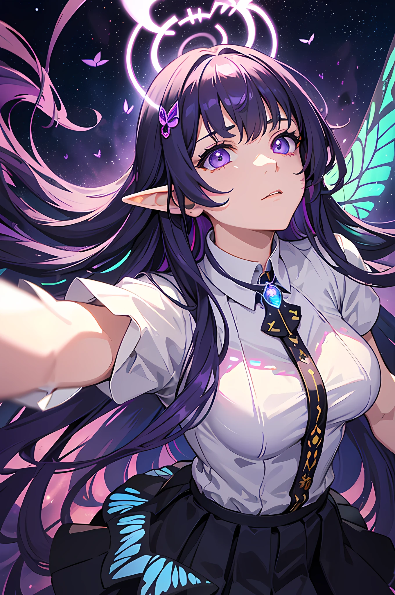 (masterpiece), best quality, expressive eyes, perfect face, a magic hunter with small pony wings action zoomed out view atmosphere, elf girl, gorgeous long purple hair (Highest picture quality),(Master's work), (ultra-detailed),(Detailed eye description:1.2),(floating colorful wind:1.4),(upper body:1.5),(manny colorful butterfly:1.3),(clouds sea:1.4),(lens flare:1.3),(grim expression:1.5),(movie poster:1.0),(Tarot border:1.0),a girl dress , (eyelashes:1.2), formal,military,skirt,(water magic:1.2),(medium breasts),(thigh bands),(purple hair:1.3),(long hair:1.6),the portrait is centered,(from above:1.1),(close-up:1.2),(looking up:1.5),(chaotic geometric images:1.3),(nagative space:0.8), [[negative space]] ,(drawing board:1.3),(halo:1.3),(ether colorful ink flowing:1.3),(yellow eyes), ((water, reflection, (neon lights:1.3))), ((colorful, multicolored)), , ahoge, sky, shiny,gorgeous, ((solo)),