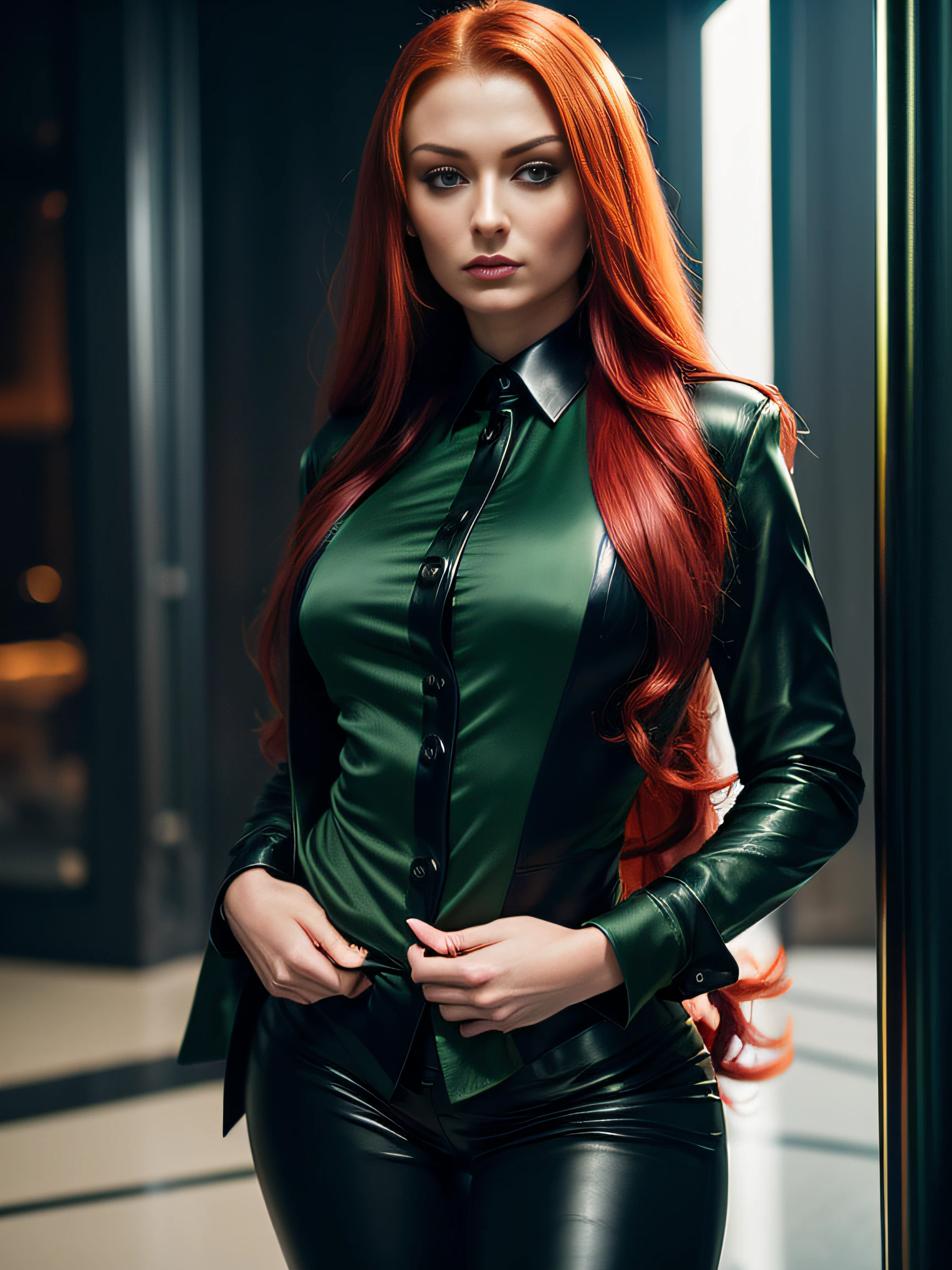 A woman in a green and black leather outfit posing for a picture - SeaArt AI