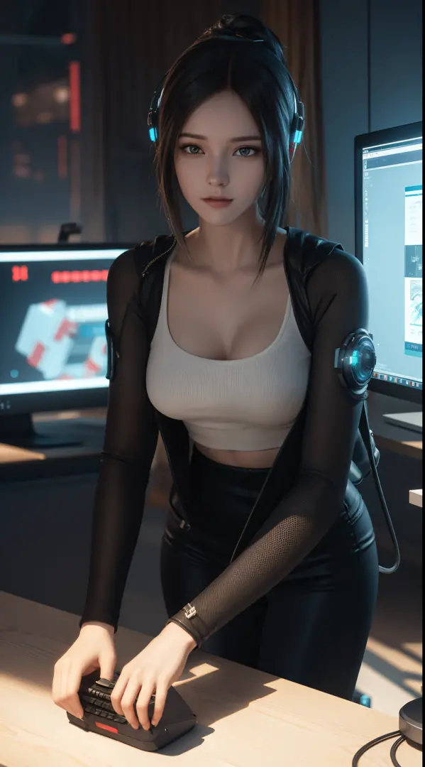 ((Best Quality)), ((Masterpiece)), (Very detailed:1.3), 3D, Beautiful (Cyberpunk:1.3) Female hacker, thick hair, half-exposed br...