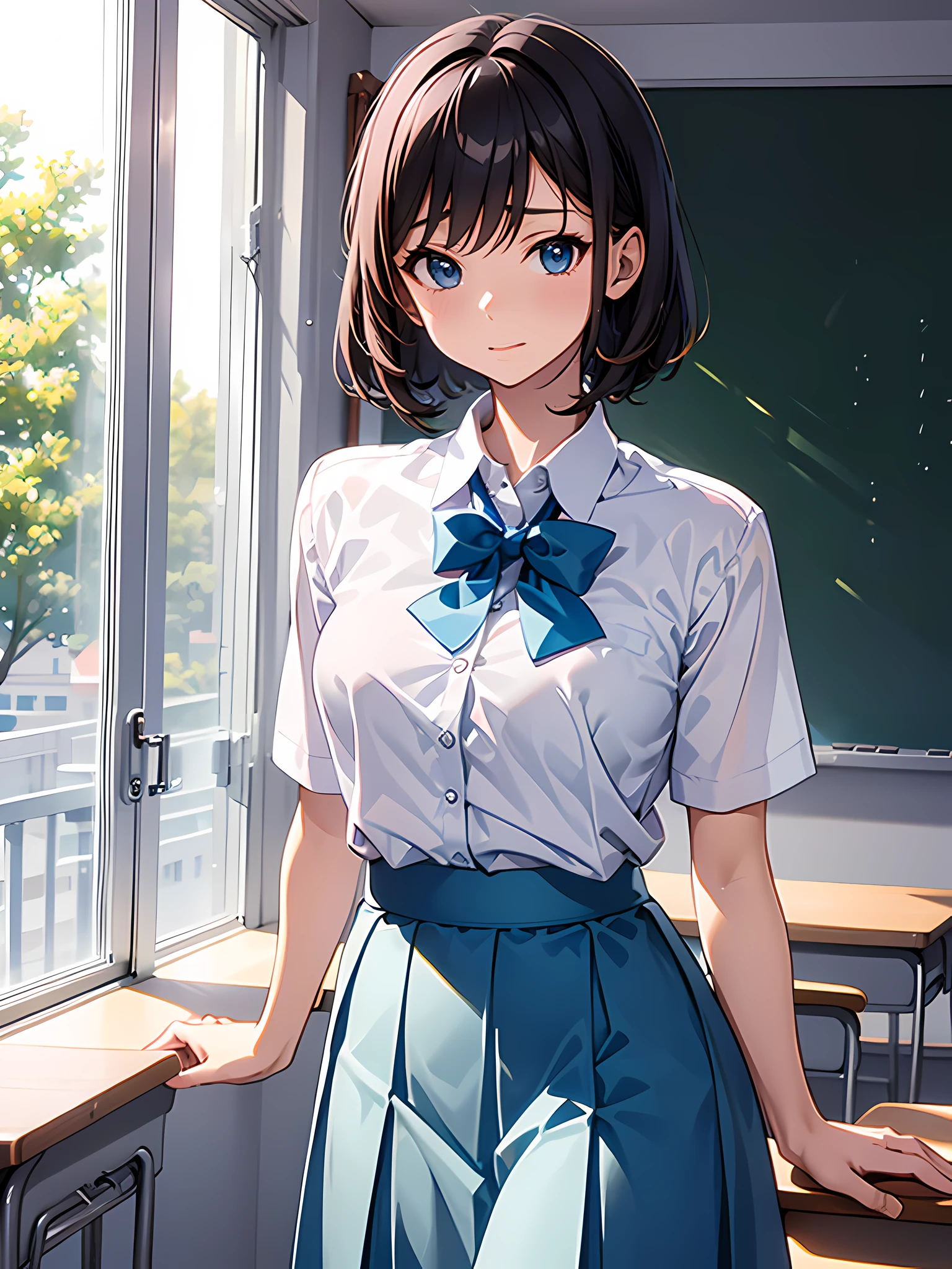 Femme coquine, 12 ans, Porter un uniforme, Jupe bleu clair, Jupe longue, porter une chemise, Fermer, Salle de classe, école, animé, animé movie