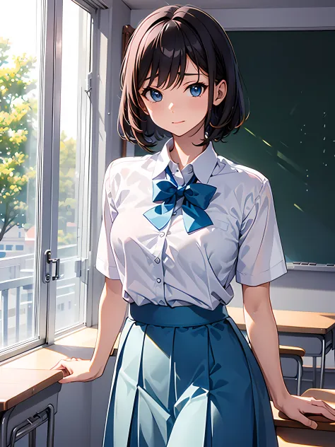 naughty woman, age 12, wearing uniform, light blue skirt, long skirt, wearing shirt, close up, classroom, school, anime, anime m...