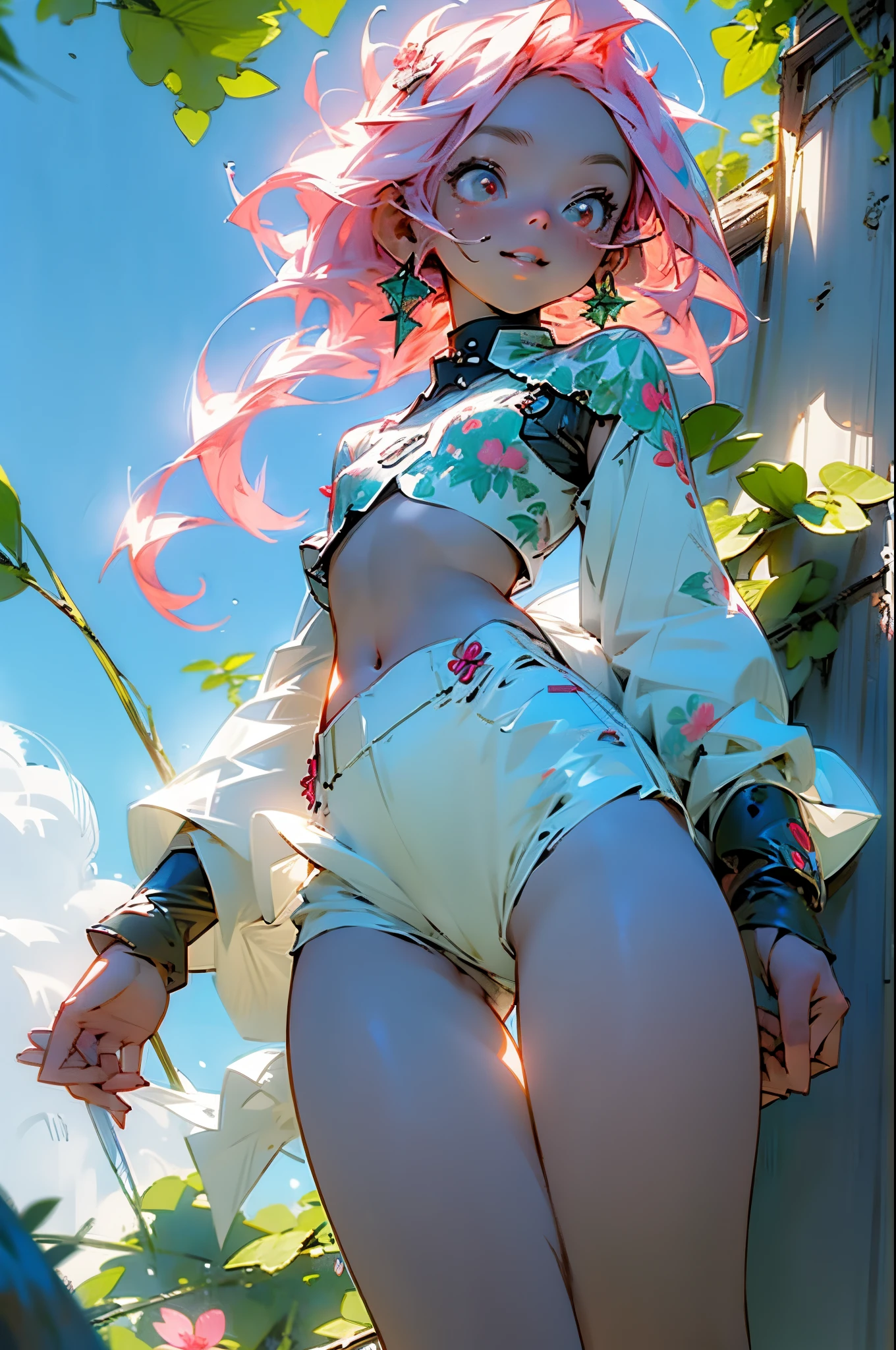 Anime girl with pink hair and white underwear posing in front of a tree -  SeaArt AI