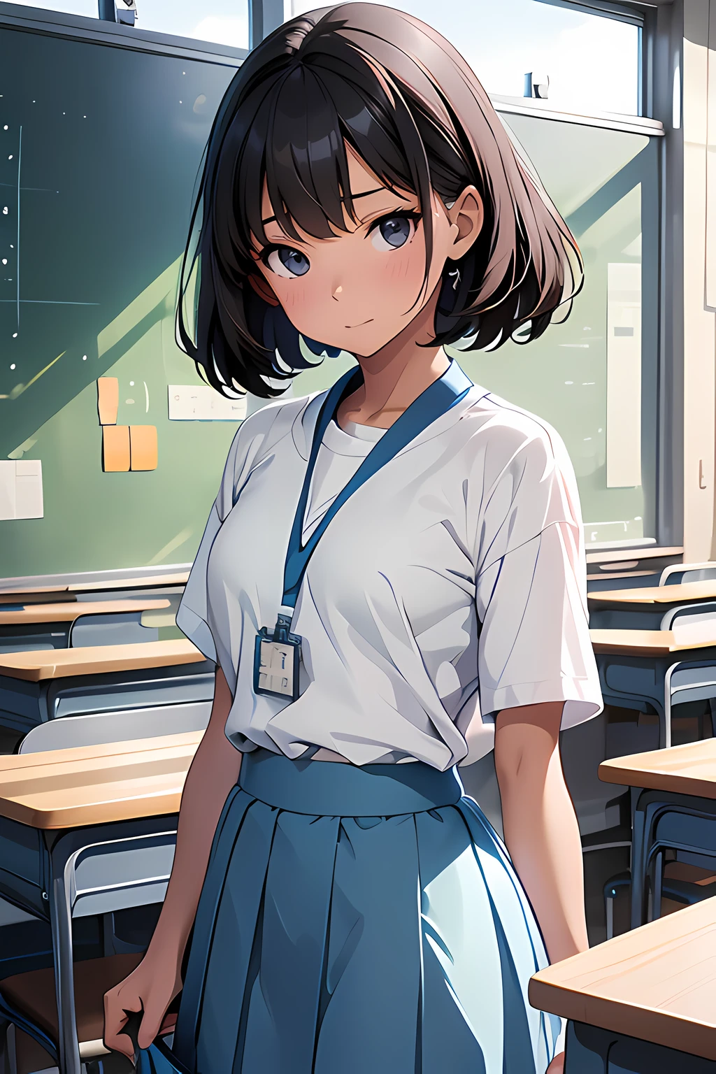 Femme coquine, 12 ans, Yeux noirs, Porter un uniforme, Jupe bleu clair, Jupe longue, porter un t-shirt, t-shirt blanc, porter une lanière, Titulaire d&#39;une pièce d&#39;identité, Salle de classe, école, animé, animé movie