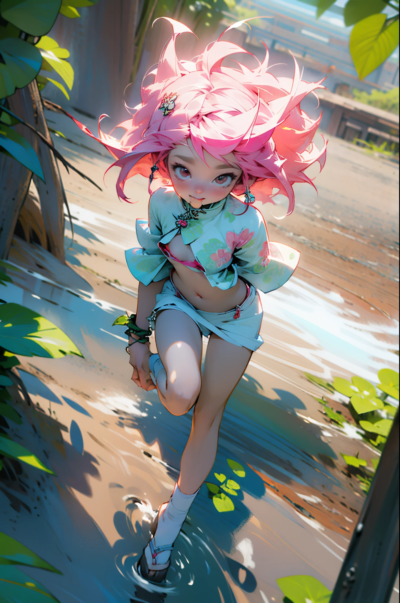 (close up), panties, from above, nsfw, little girl, small, micro, cloudium, clouds, cloud seeds, cloudium seeds, cloud bush, simple, cute, smily face, white circle happy, silly, adorable, farm, candy, sugar, cotton candy, pink hair, pink eyes, navel, thighs, panties, holding cotton candy, blasting cotton candy, explosion,ocean, water, stick, leaves, flowers, walking stick, magical staff, green color, green accent, flora, floral patterns, vines,trees