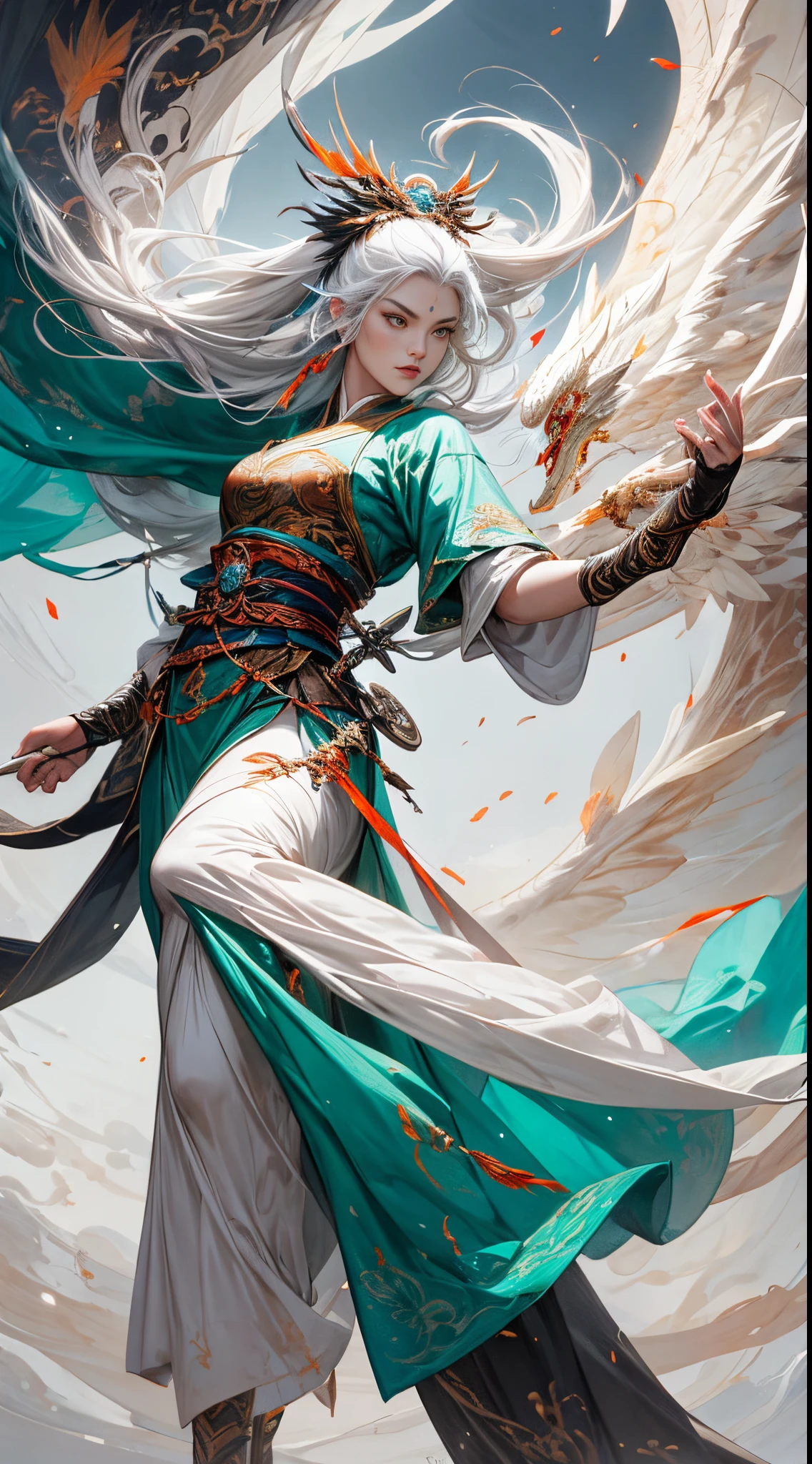 The female warrior has a pair of feather wings，Eyes flashing with blue light，sword in hands，(Show leg strength)，Long white hair，The character is far away from the camera，(Dragon and phoenix background)