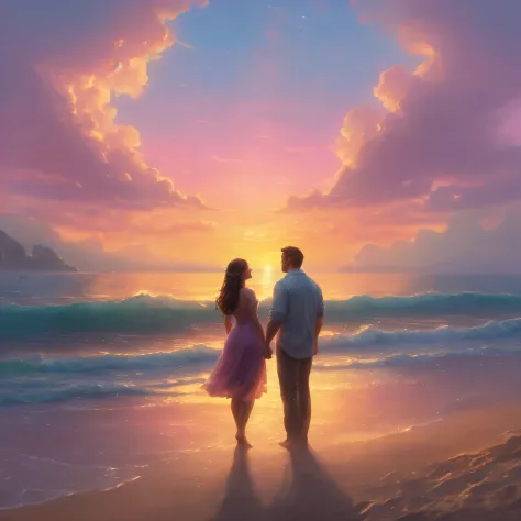 Romantic scene, couple facing each other, sunset in the background, at the beach, ethereal fantasy, hyper-detailed mist, Thomas ...