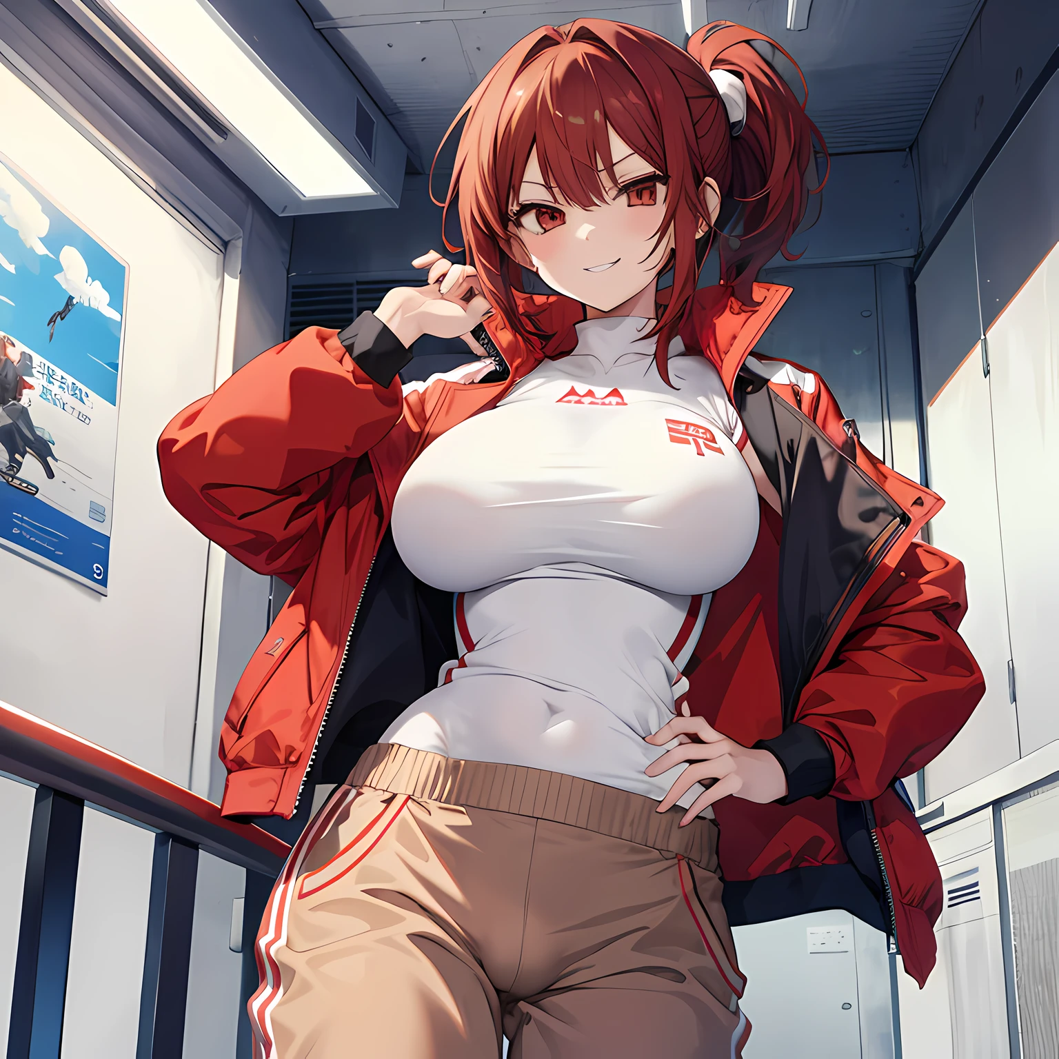 Anime girl in a red jacket and tan pants standing in a train - SeaArt AI