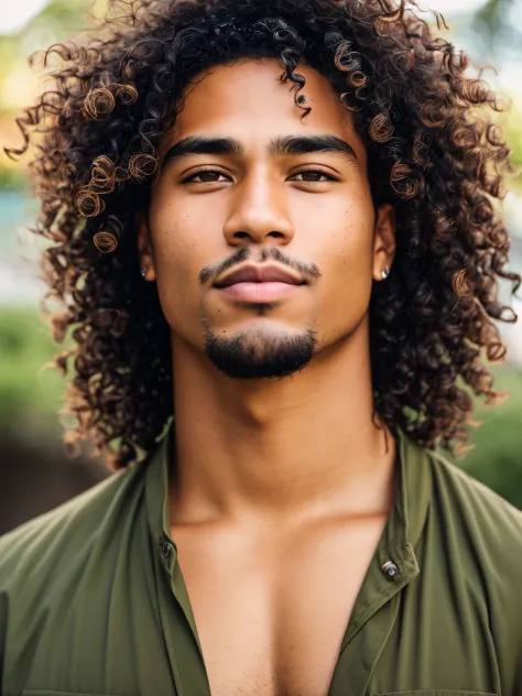 full frame, Close portrait, cute, male model, defined Pacific Islander male, dark lined skin, long curly gray hair, olive eyes, ...