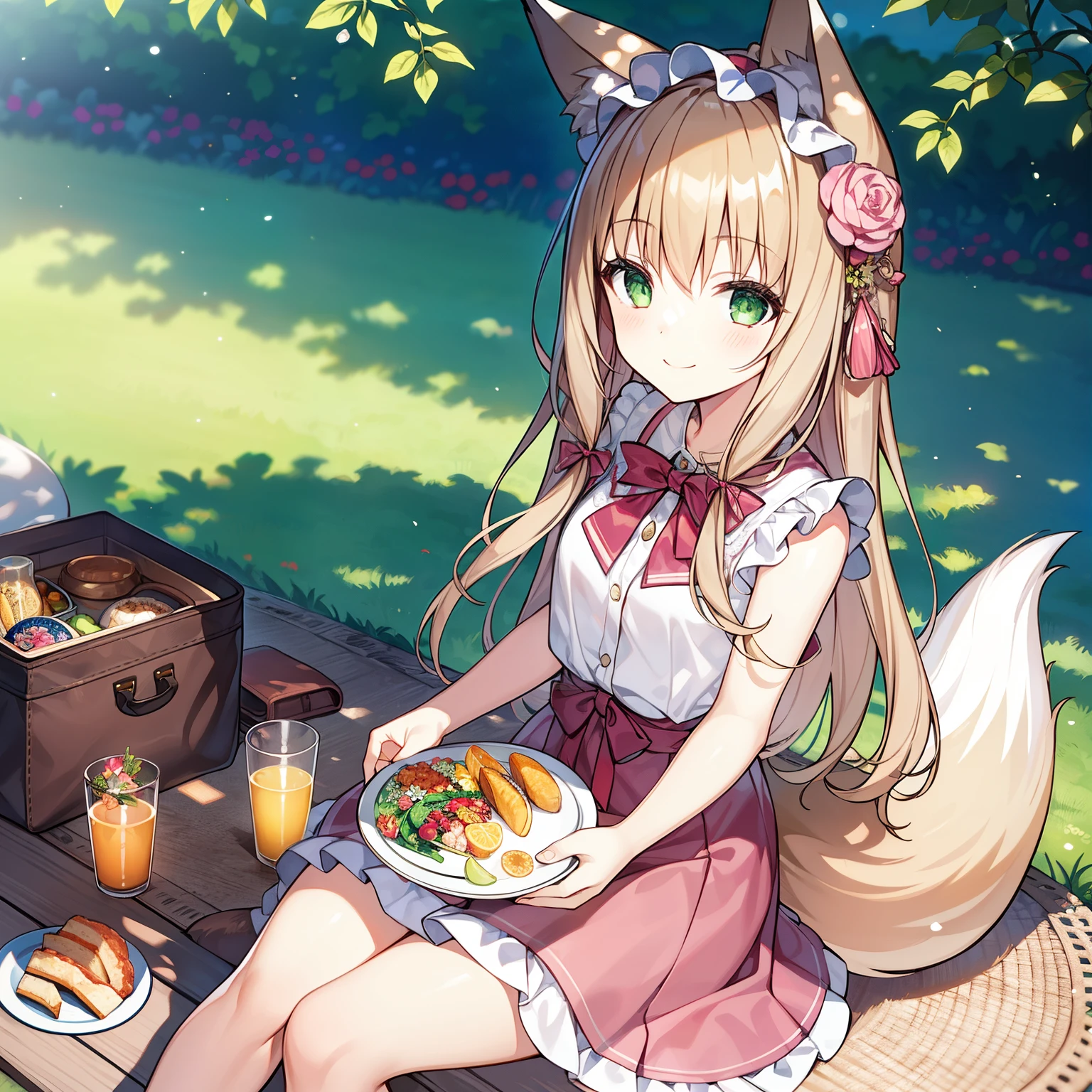 tmasterpiece, Best quality, A high resolution), 1 girl, Alone, Oversized fox tail，Long brown hair，Green-eyed，Small flower headdress, (13-year-old junior high school student)，modernn architecture，A MILF, Enchanted smile，On the lawn of a country park_sitting on picnic mat，Various exquisite dishes，Casual summer clothing，ssmile，Face-to-face perspective，