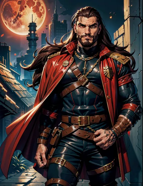 Dark night blood moon background, Darkest Dungeon style, game portrait. Vinnie Jones as Sadurang from Marvel comics, heavy athle...