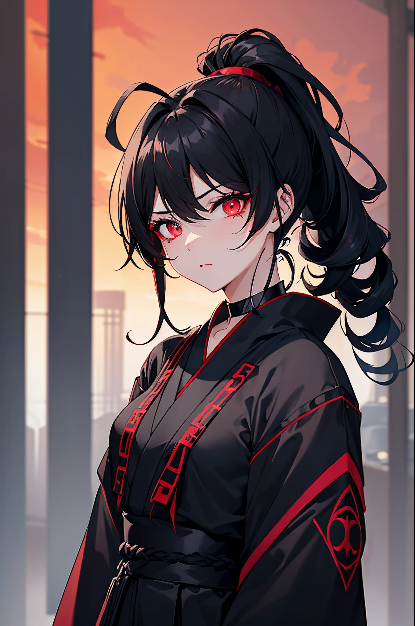 Anime girl with long black hair and red eyes in a black outfit 