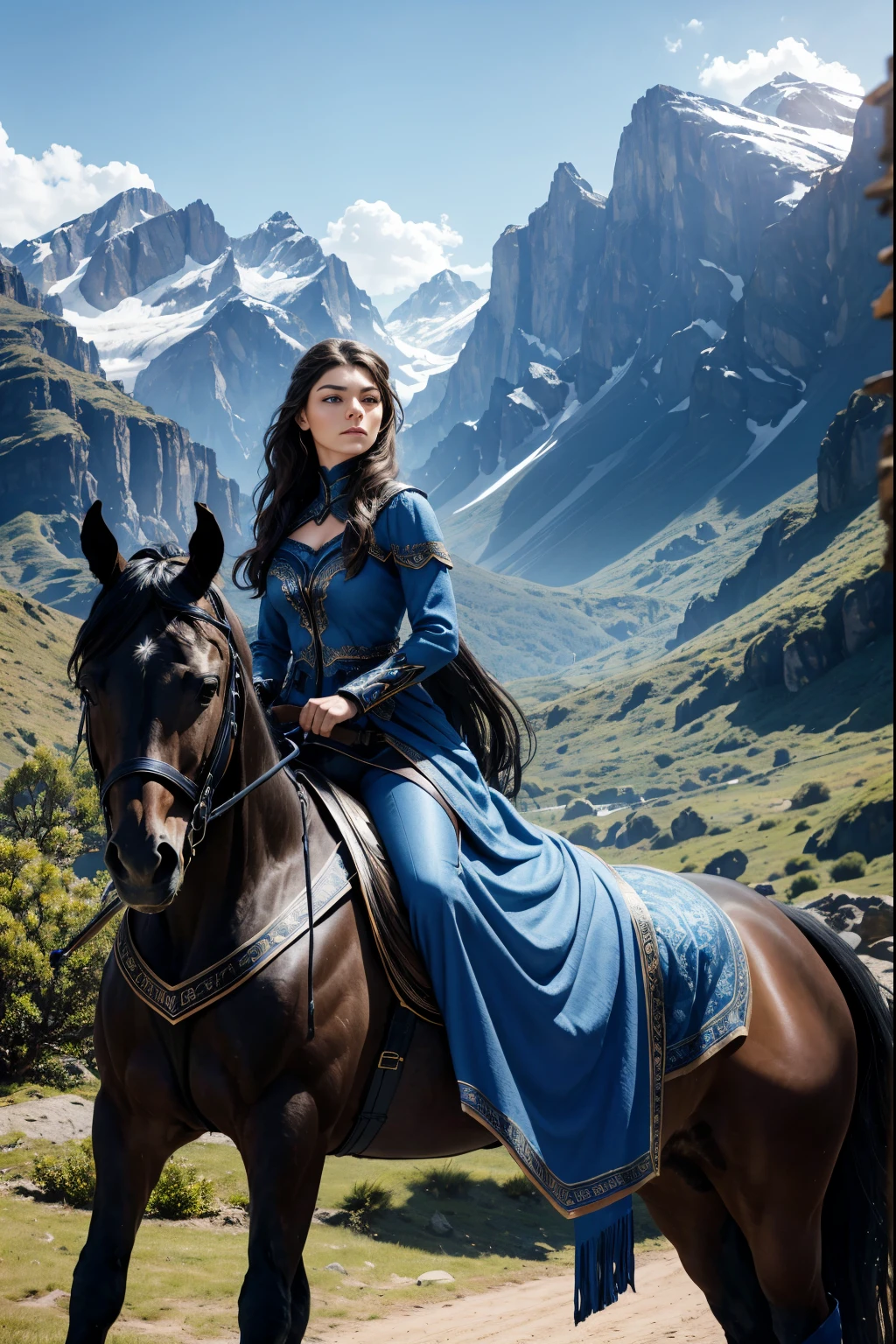 Woman in blue dress riding a horse in the mountains - SeaArt AI